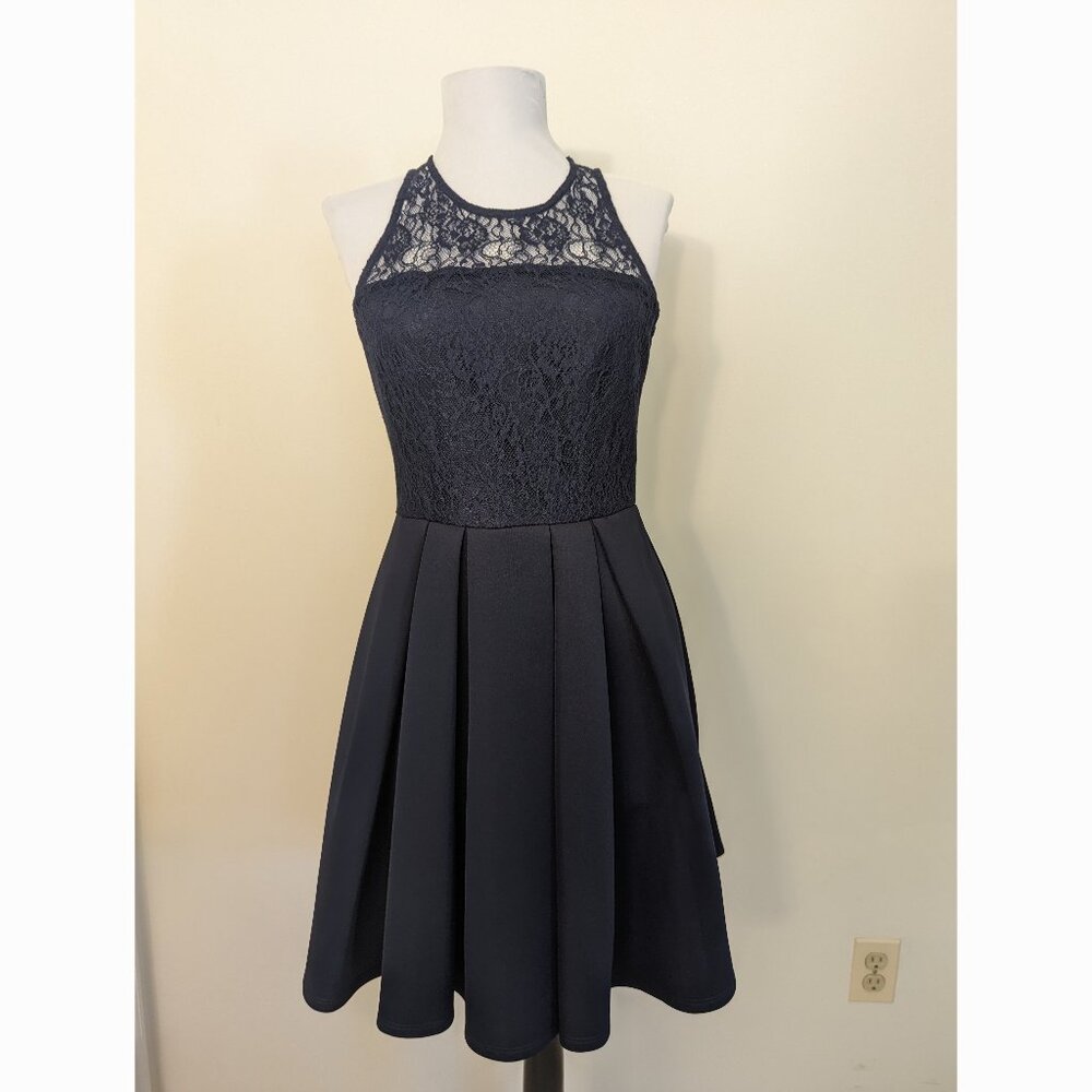 AQUA Navy Lace Skater Sleeveless Dress Size S